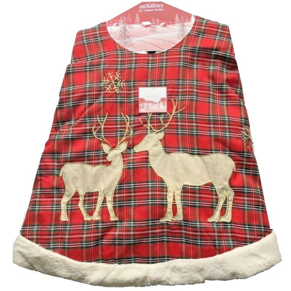 Christmas Tree Skirt Tartan Plaid Red Deer Snowflake Satin Lined Fur Trim 56”
